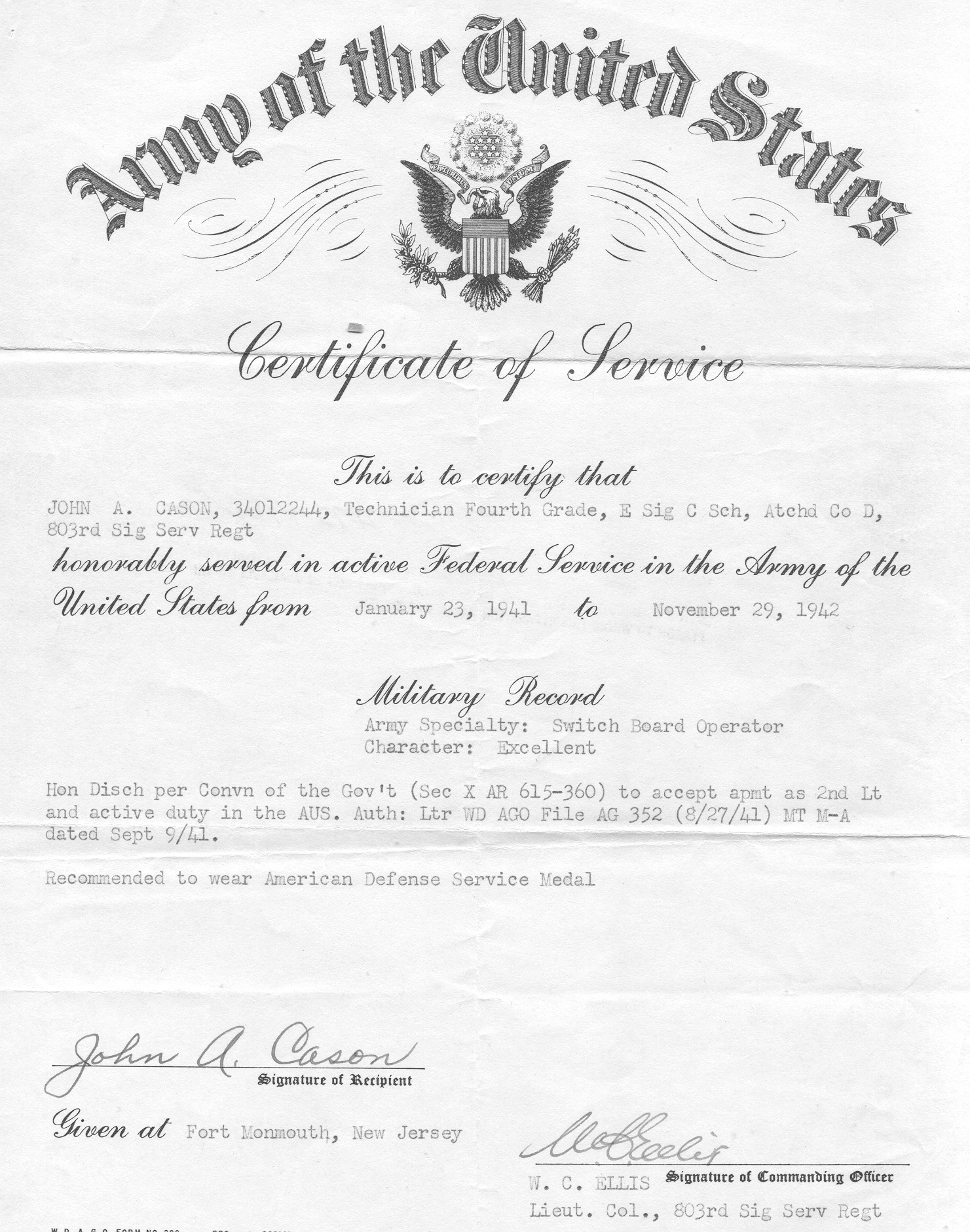 Certificate of Service issued prior to becoming a 2nd Lieutenant