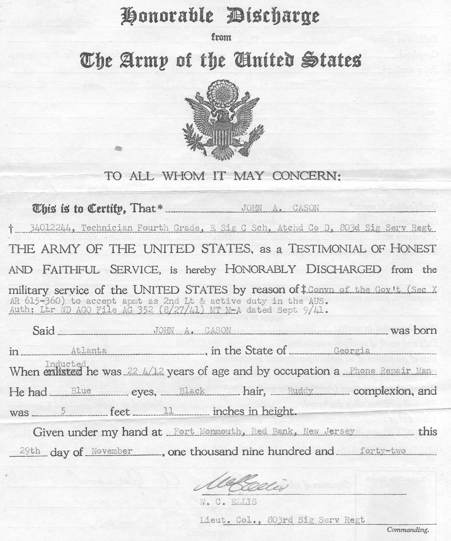 Certificate of discharge, issued prior to being appointed as 2nd Lieutenant