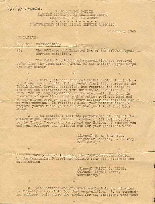 Army Signal Corps Lt. Condle, Letter of Commendation