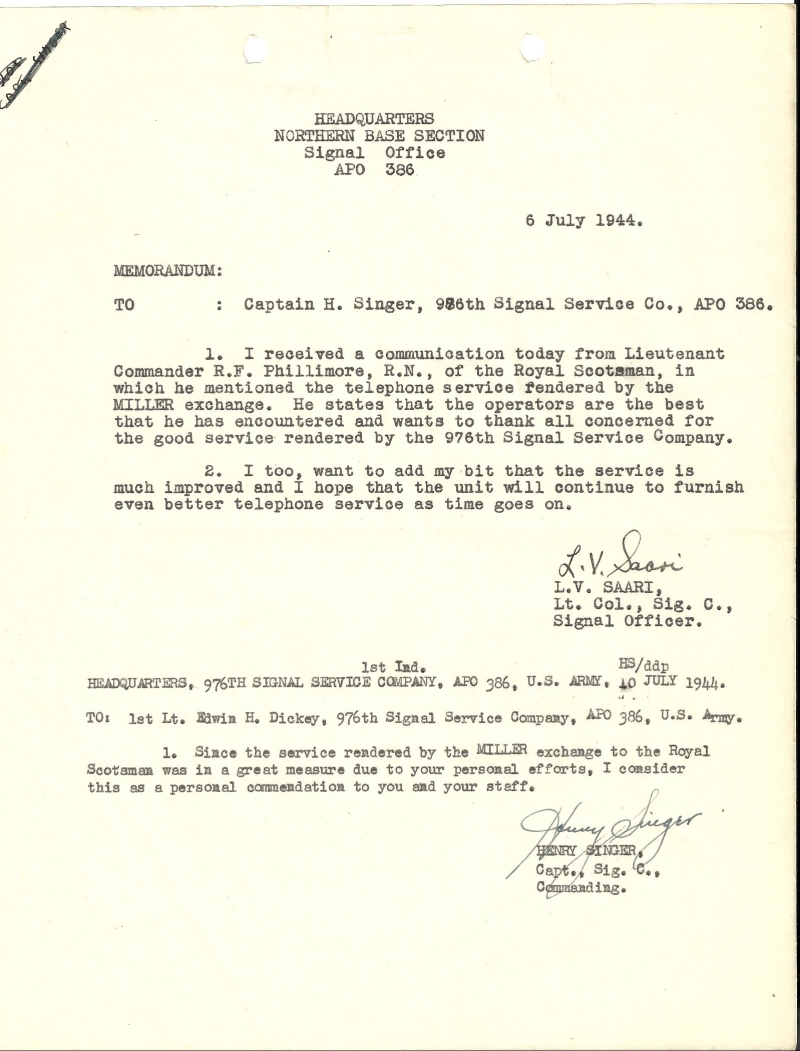 Captain Henry Singer commendation